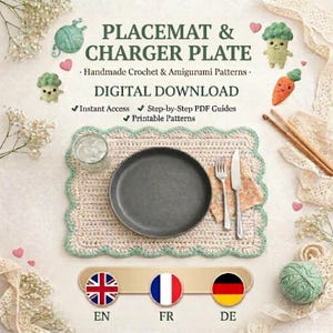 Boho Scalloped Crochet Placemat Pattern, Rectangular Cotton Table Decor, Handmade Holiday Tablecloth, DIY Gift, EN, De, FR