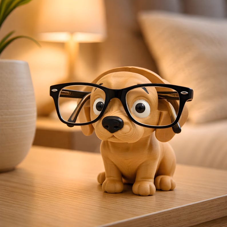 Hunde Brillenhalter in Form eines Welpen. Die Farbe des Welpen ist hellbraun, er steht mit einer Brille auf dem Nachttisch seines Härchens.