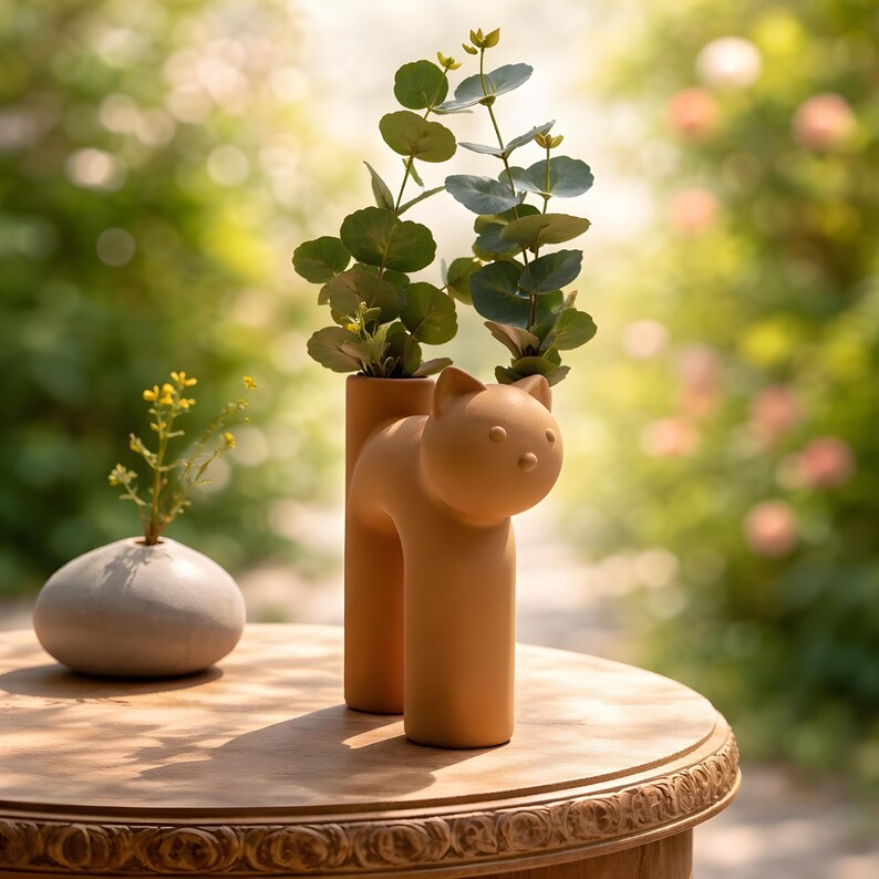 Cat-shaped vase | Gift for cat lovers | 3D printed in matte PLA | Birthday gift | Dining table decoration, living room vase image 2
