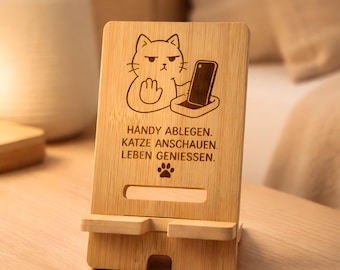 Bamboo Phone Holder/Stand | Personalized Phone Mount with Laser Engraving for Desk & Nightstand | Smartphone Stand