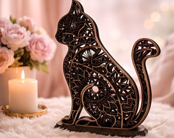 Wooden cat figurine, mandala design | Easter gift for cat lovers | Easter decoration | Laser-cut wooden design