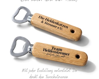 Flaschenöffner Holz Katzen – Tierschutz Geschenk Heldenkatzen & Streuner e.V. Kapselheber Gravur Personalisierbar Fanartikel