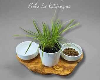Comedero para gatos: mi rincón favorito con 2 cuencos de porcelana y hierba gatera | Barra de alimentación para gatos hecha de madera maciza de olivo | Comedero para gatos