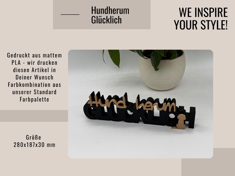 Puede incluir: Un letrero de madera negro y marr&oacute;n que dice "Hundherum Gl&uuml;cklich" con la silueta de un perro. El letrero mide 28 cm x 18,7 cm x 3 cm. Tambi&eacute;n se ve el texto "WE INSPIRE YOUR STYLE!".