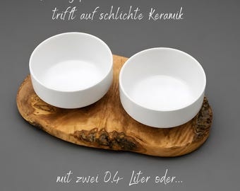 Futterstation für Hunde & Katzen aus Olivenholz, Futternapf mit 2 Porzellanschalen für kleine und große Hunde, Katzen Napf Set