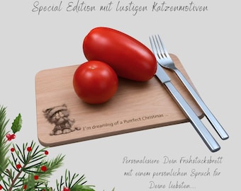 Schneidbrett für Katzenliebhaber in der Weihnachtsedition, lasergraviertes Frühstücksbrett aus Holz - personalisierbar für Tierfreunde