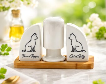 Salero y pimentero de cerámica con soporte para palillos, decorados con motivos de gatos | Idea de regalo de Pascua | Regalo para amantes de los gatos