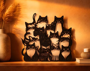 Wall art featuring a family of cats | Gift for cat lovers | 3D printed in matte PLA in your choice of color | Easter gift idea