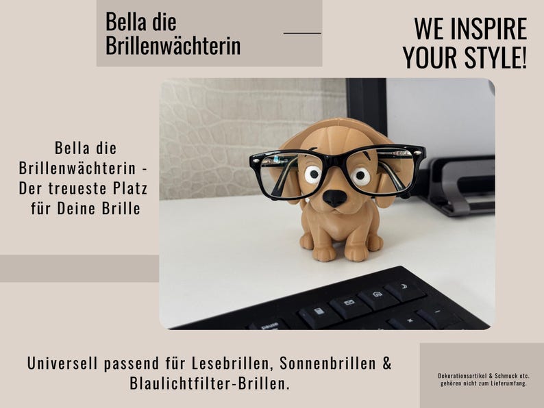 Bella auf dem Schreibtisch hinter einer Tastatur. Auch hier bewahrt sie Deine Brille vor Kratzern.