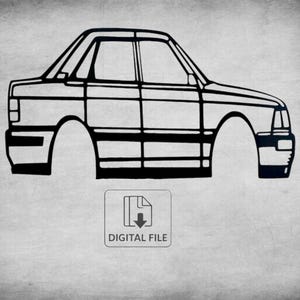 Può includere: Un'illustrazione a linee nere della silhouette di profilo di una berlina. Sotto l'auto si trova un'icona rettangolare con un simbolo di documento, una freccia rivolta verso il basso e il testo DIGITAL FILE in lettere maiuscole nere.