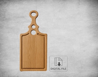 Op de afbeelding: Een lichtbruine houten snijplank met een rechthoekige basis en een handvat met drie ronde uitsparingen. De plank heeft een verzonken rand langs de zijkant. Een klein vierkant icoon met een document en pijl toont de tekst DIGITAL FILE.