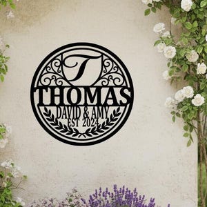 Custom Couple Name Monogram Family Metal Sign, Scroll Laurel Wreath Est Iron Plaque, Personalized Last Name Front Door Wall Hanging Decor