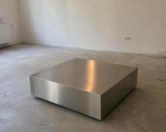 Brushed Stainless Steel Coffee Table, Modern Minimalist Square Coffee Table, Metal Cube Table, Contemporary Living Room Table