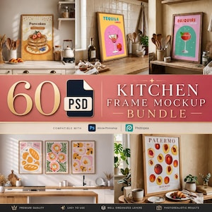 May include: A collection of framed kitchen art mockups. The images include posters with illustrations of pancakes, cocktails, and fruit. The mockup bundle includes 60 PSD files, compatible with Adobe Photoshop and Photopea.
