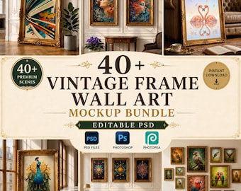 May include: A digital bundle of 40+ vintage frame wall art mockups featuring editable PSD files for Photoshop and Photopea. The display includes various ornate gold frames showcasing diverse artistic prints of birds, portraits, and abstract designs.