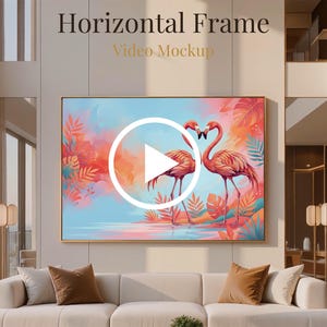 May include: A horizontal rectangular wall art frame featuring a vibrant illustration of two flamingos facing each other amidst tropical foliage in shades of pink, orange, and blue. The text Horizontal Frame Video Mockup is displayed above.