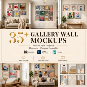 May include: A collection of 35+ gallery wall mockups featuring editable PSD templates compatible with Photoshop and Photopea. The display includes various framed art prints in interior settings, showcasing geometric, abstract, and animal illustrations.