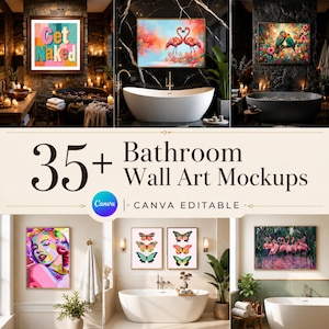 Op de afbeelding: Een verzameling badkamer wandkunst mockups. De afbeelding toont ingelijste kunstdrukken met verschillende thema's, waaronder flamingo's, bloemmotieven en pop-art portretten. De tekst "Get Naked" is zichtbaar op een van de prints. De afbeelding bevat ook badkuipen en planten.