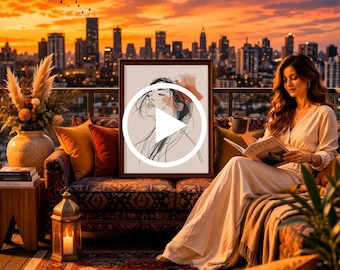 May include: A framed art print featuring a minimalist line drawing of a woman's face. The artwork is displayed on a patterned sofa with colorful pillows, a candle lantern, and a cityscape backdrop at sunset. A woman is reading a magazine.