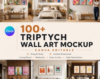 May include: A digital collection of 100+ triptych wall art mockups featuring various interior room settings including living rooms and bedrooms. The graphic displays multiple sets of three framed prints on walls, with text reading 100+ TRIPTYCH WALL ART MOCKUP CANVA EDITABLE.