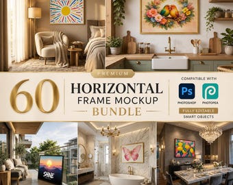 May include: A mockup bundle featuring 60 horizontal frames. The image showcases various interior scenes, including a bedroom, kitchen, and bathroom, each with framed artwork. The text reads "HORIZONTAL FRAME MOCKUP BUNDLE" and "SHINE". Compatible with Photoshop and Photopea.