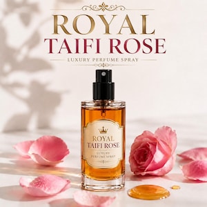 May include: A clear glass bottle of Royal Taifi Rose luxury perfume spray with a black atomiser cap. The label features a crown icon and the text Royal Taifi Rose Luxury Perfume Spray. Pink rose petals and a drop of amber liquid surround it.