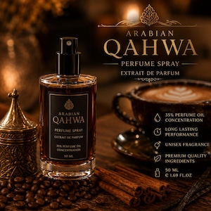 May include: A 50 ml glass bottle of Arabian Qahwa perfume spray with a black label featuring gold text. The bottle is surrounded by coffee beans and cinnamon sticks, with a cup of coffee nearby. The label specifies 35% perfume oil concentration.