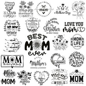 Op de afbeelding: Een verzameling zwart-witte ontwerpen met het thema Moederdag. De ontwerpen bevatten bloemmotieven, harten en zinnen als "Beste mama ooit", "Ik hou van jou" en "Fijne Moederdag."