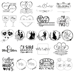 May include: A selection of black and white wedding-themed designs. The designs feature silhouettes of couples, the words "Mr & Mrs," and personalized name options. Various heart and floral elements are incorporated.