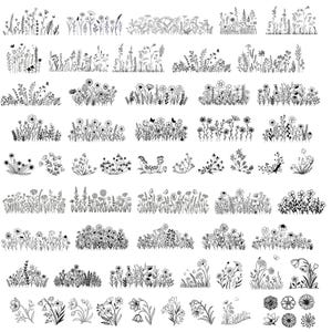 May include: A collection of black and white line drawings of wildflowers and grasses. The image presents numerous floral designs, including individual flowers, clusters, and borders, with some designs incorporating butterflies.