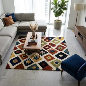 Mid-Century Modern Geometric Area Rug, Abstract Interlocking Squares Carpet, Hand Tufted Wool Rug for Living Room, Colorful Custom Floor Mat