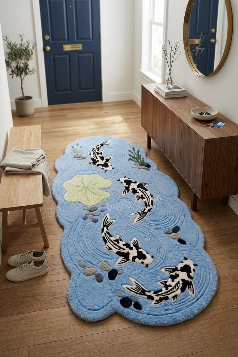 Koi Pond Rug Hand Tufted 3D Textured Area Rug, Japanese Zen Garden Fish ...
