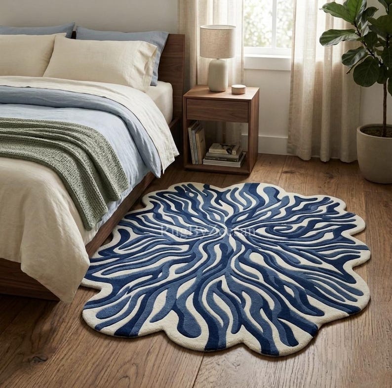 Hand Tufted Wavy Rug | Abstract Blue and Ivory Irregular Shape Area Rug ...