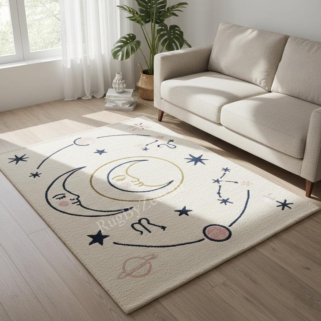 Handmade Celestial Moon Stars Tufted Cotton Rug – Nursery, Kids Room ...