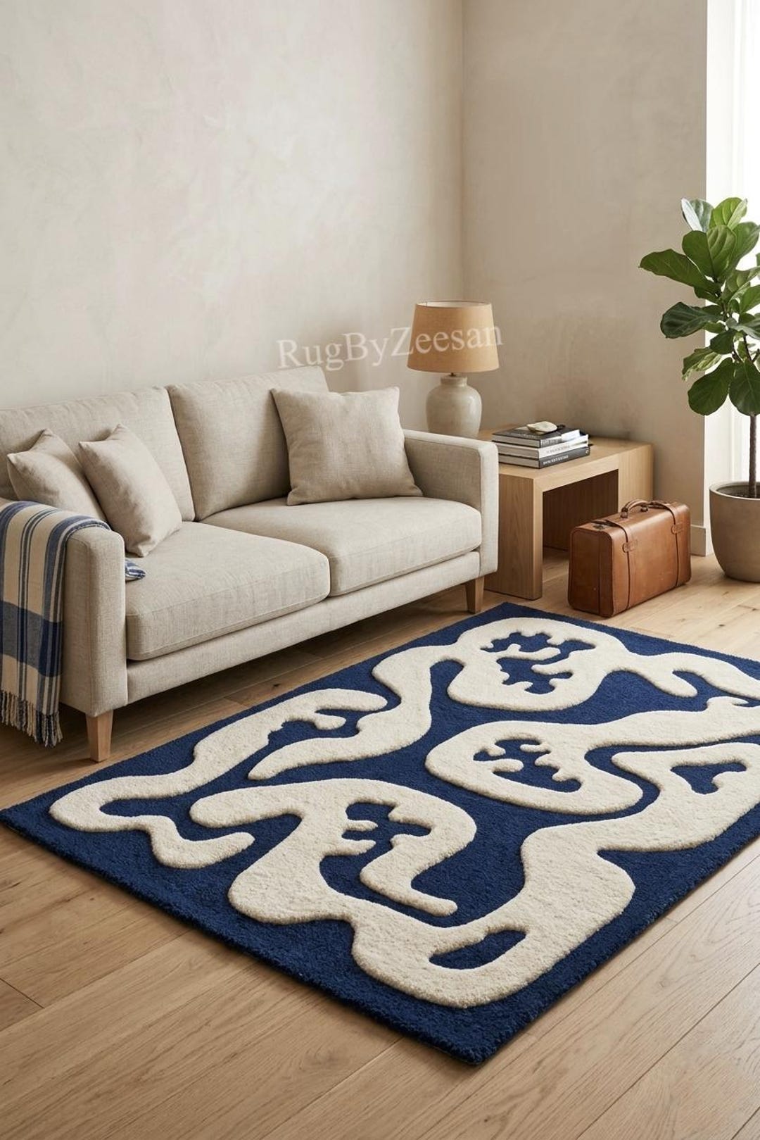 Navy Blue Cream Abstract Rug | Hand Tufted Squiggly Wavy Carpet, Modern ...