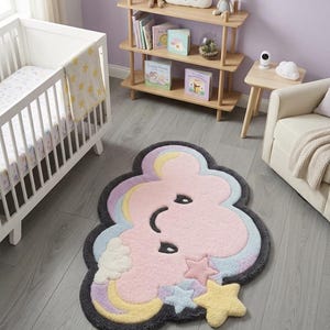 Alfombra de nubes adorable para guardería, alfombra de estrellas arcoíris rosas, decoración suave para habitación infantil, alfombra de área con mechones para dormitorio de niña, alfombra para sala de juegos, guardería bohemia