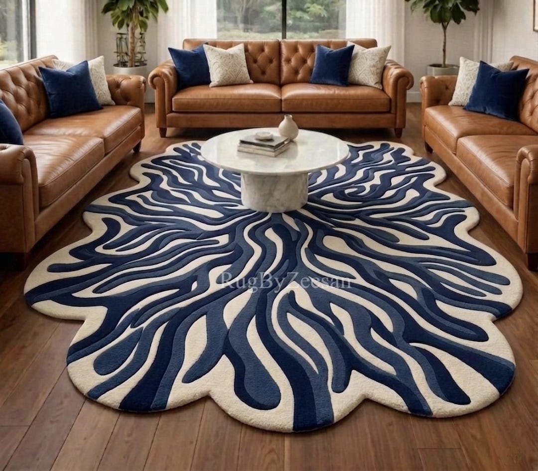 Hand Tufted Wavy Rug | Abstract Blue and Ivory Irregular Shape Area Rug ...