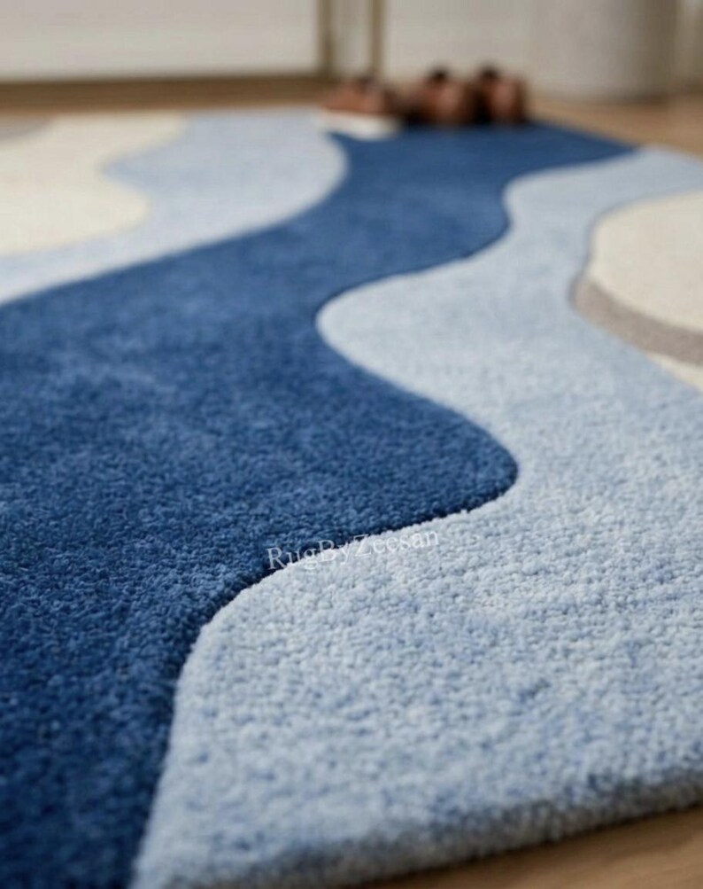 Abstract Wavy Blue and Grey Area Rug | Modern Tufted Wave Design Rug ...