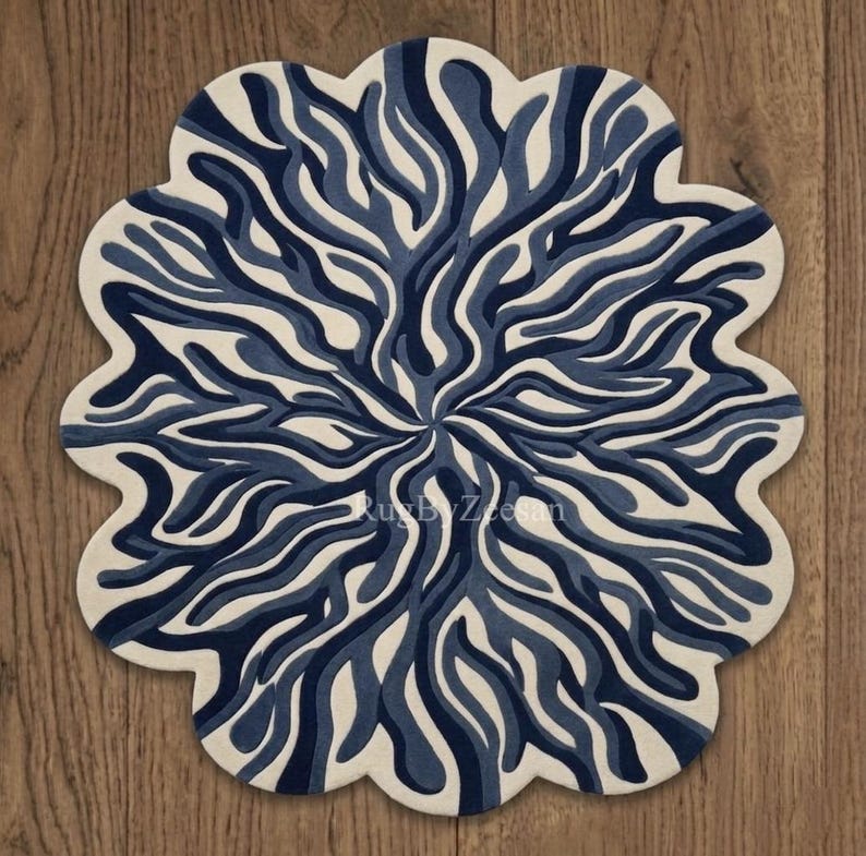 Hand Tufted Wavy Rug | Abstract Blue and Ivory Irregular Shape Area Rug ...