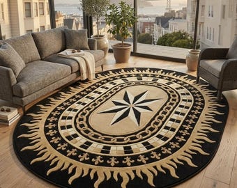 Hand Tufted Celestial Star Oval Rug | Black & Beige Compass Rose Area Rug | Gothic Sunburst Carpet | Eclectic Boho Living Room Decor office