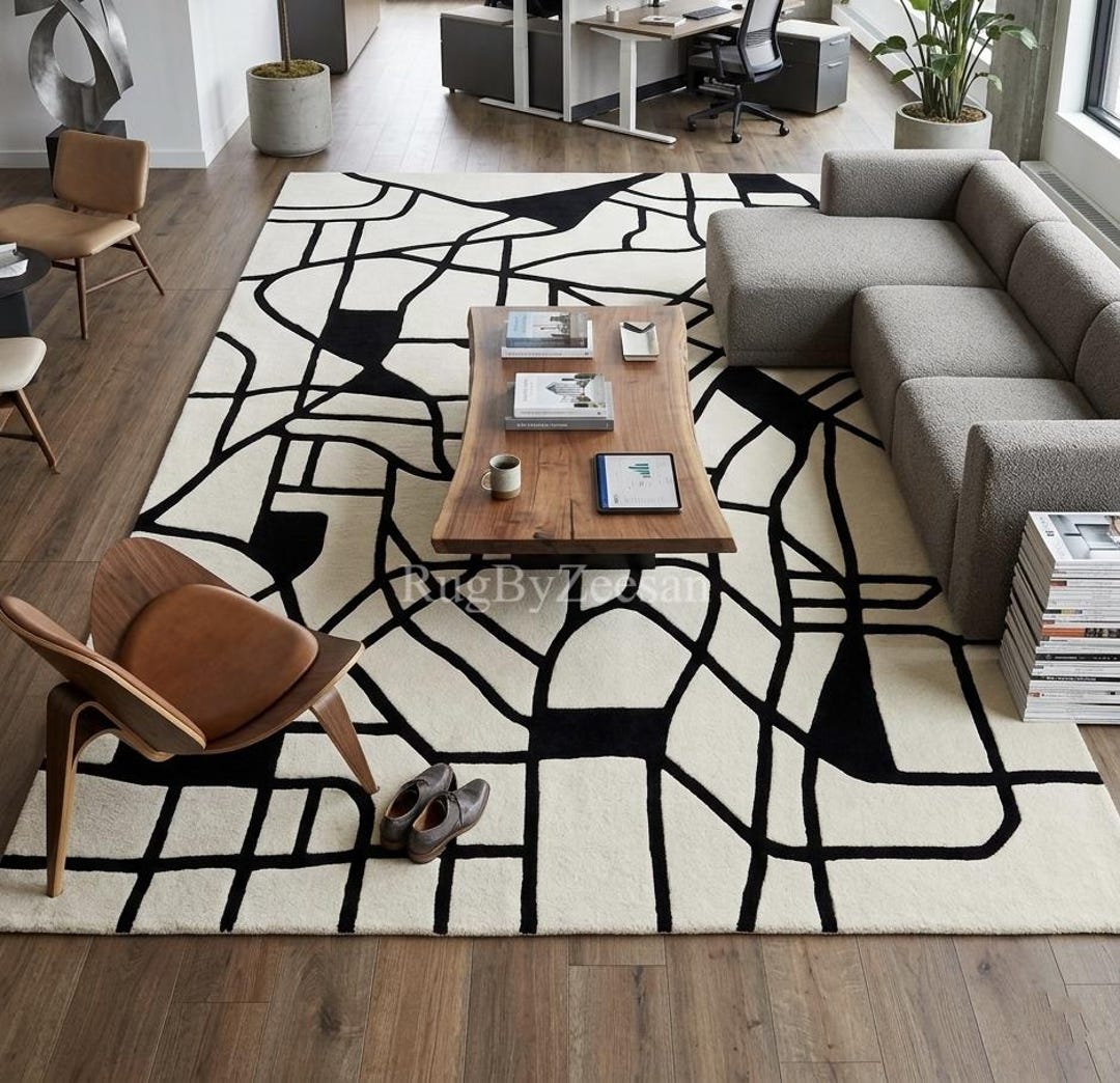 White Abstract Pattern Area Rug Abstract Black and White Area Rug | Modern Geometric Hand Tufted Carpet ...