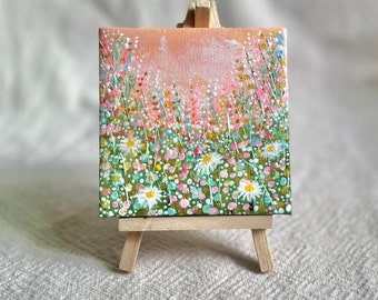 Mini Canvas 4x4 Original Acrylic Art with mini easel Abstract Daisy flower landscape Spring summer Green pink Tiny Painting Artwork