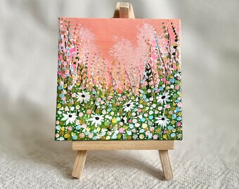 Mini Canvas 4x4 Original Acrylic Art with mini easel Abstract Daisy flower landscape Spring summer Orange Green pink Tiny Painting Artwork