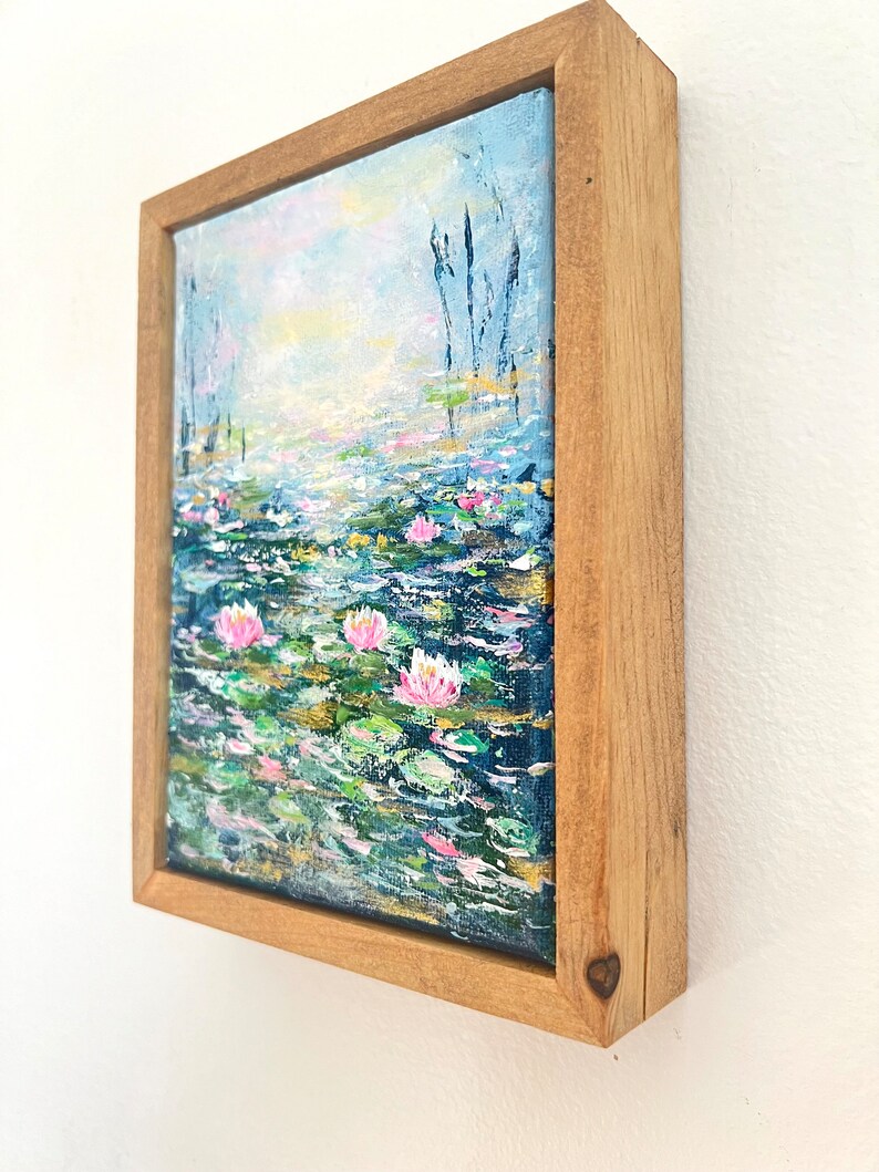 Original canvas painting, Water lily Water lilies, Abstract art, Lake Water lily, Water lilies, Green Blue Pink healing art 5x7 image 2