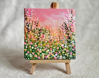 Mini Canvas 4x4 Original Acrylic Art with mini easel Abstract flower landscape Spring summer Green pink Tiny Painting Artwork