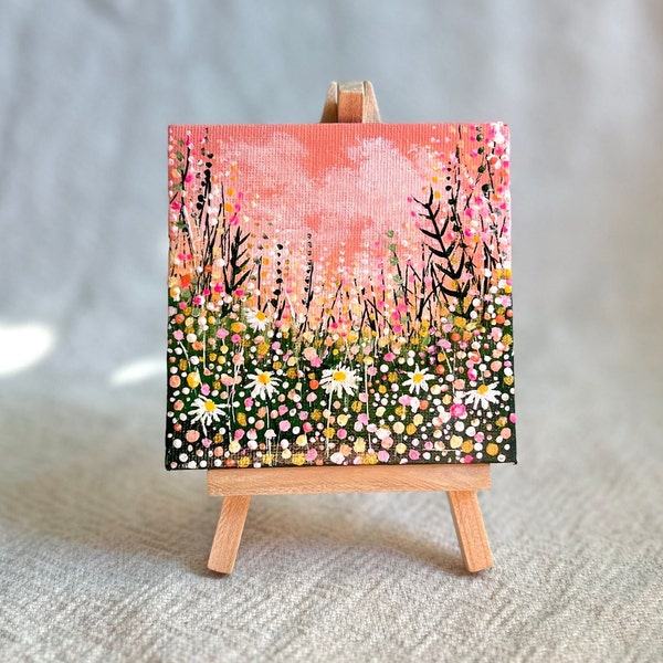 Mini Canvas 4x4 Original Acrylic Art with mini easel Abstract Daisy flower landscape Spring summer Green pink Tiny Painting Artwork