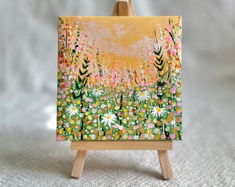 Mini Canvas 4x4 Original Acrylic Art with mini easel Abstract Daisy flower landscape Spring summer Orange Green pink Tiny Painting Artwork