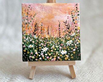 Mini Canvas 4x4 Original Acrylic Art with mini easel Abstract Daisy flower landscape Spring summer Green pink Tiny Painting Artwork