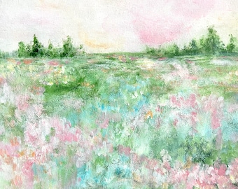 Original abstract landscape flower field painting 12x12 Wall art