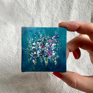 Mini Canvas Original Acrylic Art Abstract flower Green pink Colorful Tiny Painting Artwork 2.4 x 2.4